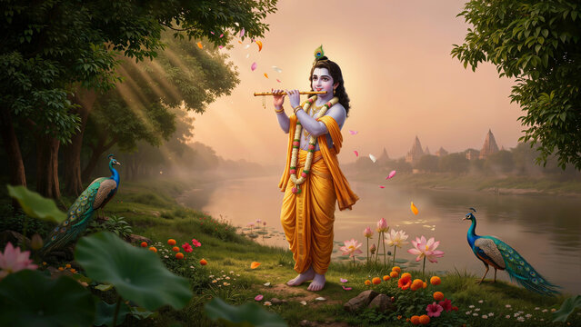 Lord Shree Krishna playing golden flute in Vrindavan landscape background with peacock feather crown, yellow dhoti, river Yamuna, peacocks, lotus flowers, and glowing sunbeams illustration.