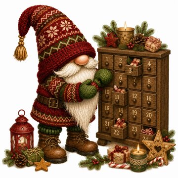 A cozy gnome in a knitted outfit opens a drawer of a wooden advent calendar surrounded by festive candles, gifts, pinecones, and holiday decorations.
