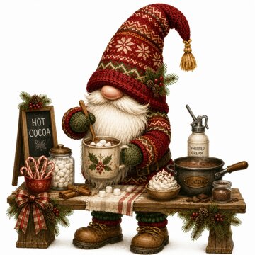 A cozy gnome stirs hot cocoa with marshmallows, surrounded by festive holiday decorations and toppings like whipped cream and candy canes.