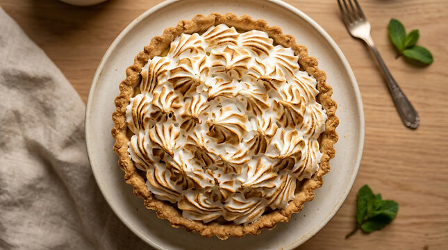 Freshly baked lemon meringue pie served on a plate with mint garnish meringue overhead culinary homemade delicious refreshing photography