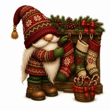 A festive gnome in a red knit hat and sweater hangs Christmas stockings by a decorated mantle with candy canes and pine cones.