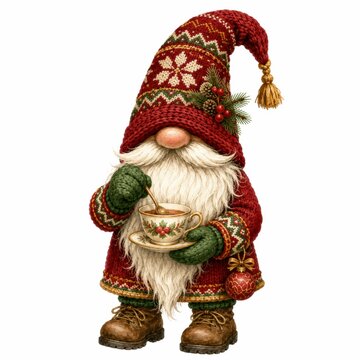 A festive gnome wearing a red knitted hat and mittens, holding a decorated teacup and stirring with a spoon, embodying cozy holiday spirit.
