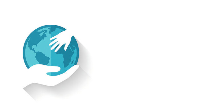 banner with a globe and caring hands icon on the left and modern typographic layout on the right on pure white background