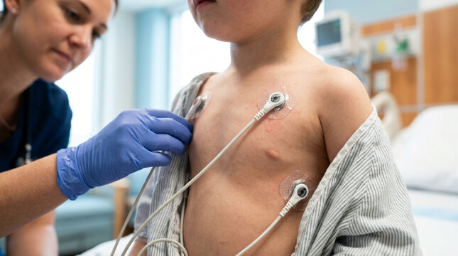 Nurse attaches ECG electrodes to a young child's chest in a hospital.