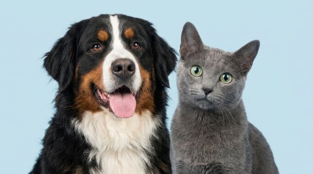 Bernese Mountain Dog and Russian Blue Cat Together on Blue Background.