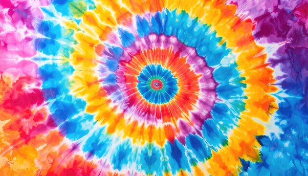 A vibrant tie-dye pattern with concentric rings of multiple colors.