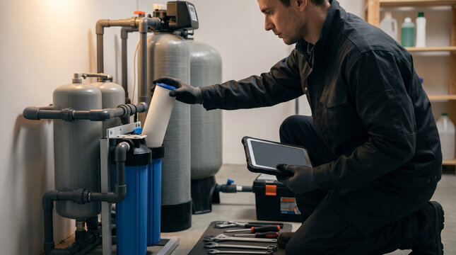 Water treatment technician services whole-house filtration and water softener system, replacing filters during residential maintenance to improve water quality and system performance.