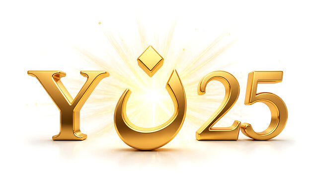 Golden 3D Y 25 typography isolated on white background. Symbolizing luxury branding and design.