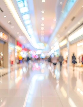 Blurred view of a brightly lit shopping mall interior with people.