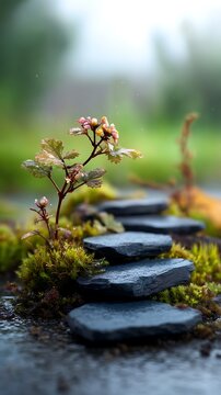 Tranquil garden pathway with stepping stones over moss and delicate flowering plant with misty background