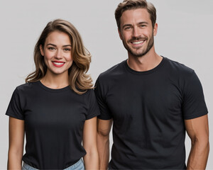 Fototapeta premium Two smiling individuals wear blank charcoal gray t-shirts, standing casually against a light wall, ideal for apparel mockups and branding projects.