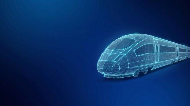 Digital wireframe of a high-speed train representing modern rail transport technology and future mobility