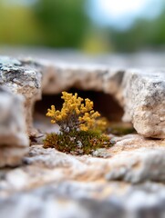 Fototapeta premium Small yellow flowering plant growing between rocks in a natural outdoor setting during daytime