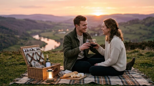 Romantic Couple Sharing Wine on Hilltop Picnic at Sunset in Countryside