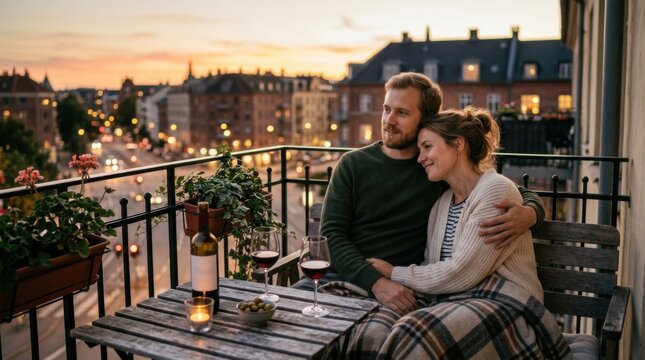 Romantic Couple Enjoying Dinner on a Balcony at Sunset in Urban Setting
