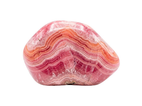 Polished rhodochrosite gemstone with vibrant pink bands. Natural mineral specimen for jewelry design and decorative use.