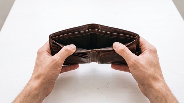 Close up of open empty leather wallet in hands, Symbolizes financial problem and bankruptcy concept, Represents poverty and no savings, Ideal for economy and crisis designs made by AI generative