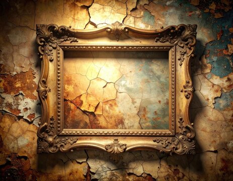 An ornate antique golden frame rests on a distressed, cracked wall.