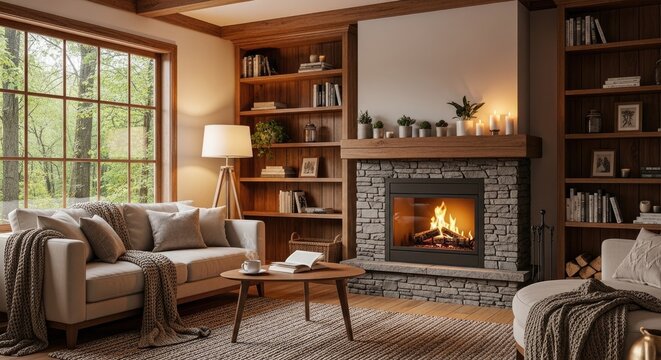 Cozy living room interior with stone fireplace.