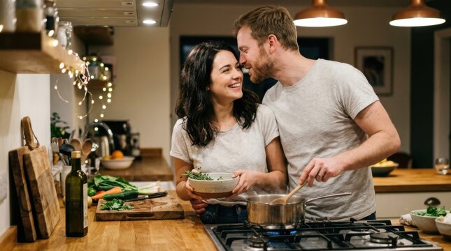 Happy young couple cooking together in modern kitchen, smiling and sharing moment
