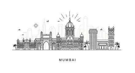 Naklejka premium Mumbai skyline outline illustration, iconic landmarks, modern city architecture, India