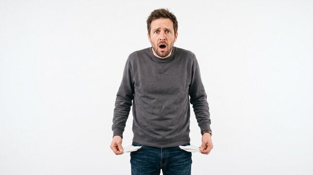Man showing empty pockets with surprised expression, Concept of financial crisis and poverty, Represents no money and debt, Perfect for business and economy content made by AI generative