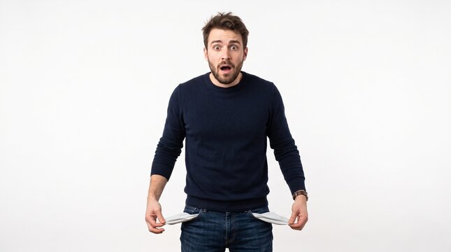 Man showing empty pockets with surprised expression, Concept of financial crisis and poverty, Represents no money and debt, Perfect for business and economy content made by AI generative
