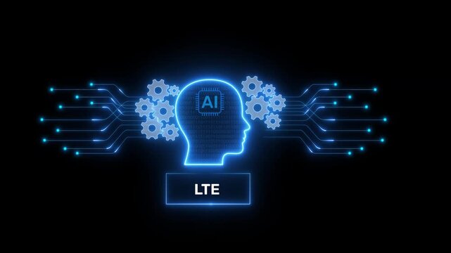 AI Powered LTE Wireless Communication Concept with Digital Human Profile, Intelligent Mobile Network Connectivity on Dark Background 4k visuals