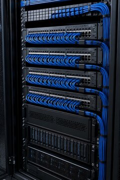 Neat vertical server rack rackmount network switches with organized blue patch ethernet cables inside secure enterprise data center facility