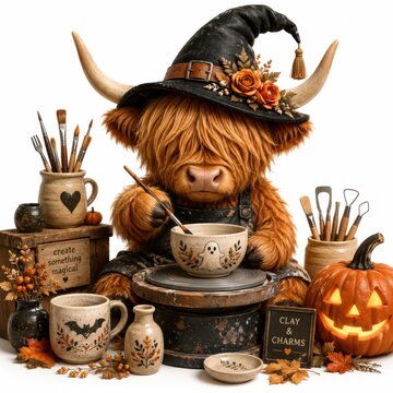 A cute Highland cow in a witch hat paints pottery surrounded by Halloween decorations and autumn leaves in a cozy, magical craft scene.