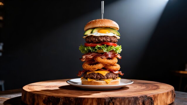 Spectacular tower burger stacked impossibly high with multiple layers
