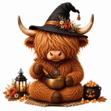 A cute Highland cow wearing a witch hat, stirring a bowl with a pestle, surrounded by Halloween decorations including a lantern, candy corn, and a pumpkin bucket.