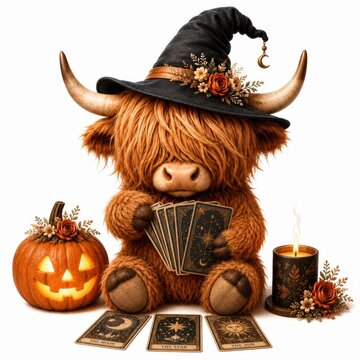 A cute Highland cow wearing a witch hat plays tarot cards, surrounded by a jack-o'-lantern and a lit candle, evoking a cozy Halloween vibe.