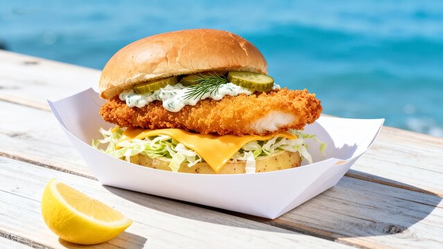 Crispy fried fish fillet burger with tartar sauce on potato bun