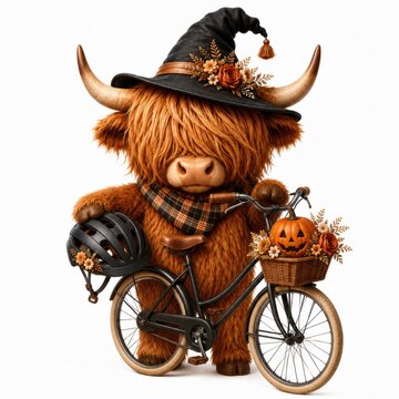 A cute Highland cow wearing a witch hat and plaid scarf, standing beside a bicycle decorated with Halloween-themed flowers and a pumpkin basket.