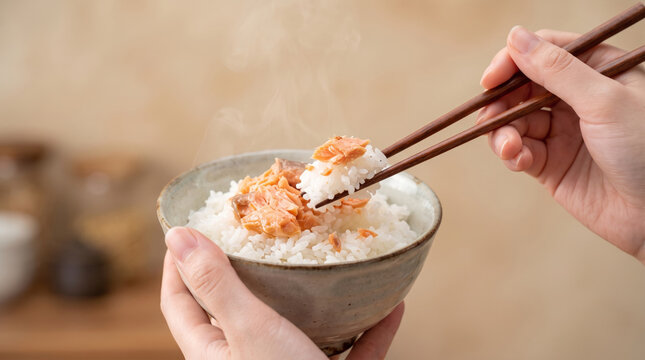 湯気が立つ温かい白ご飯と鮭のほぐし身を箸で食べる和食のイメージ