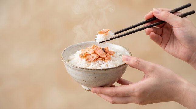 湯気が立つ温かいご飯と焼き鮭のほぐし身を箸で持ち上げる食事の様子