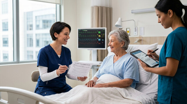 Nurses tending to elderly patient in hospital room, tablet and monitor