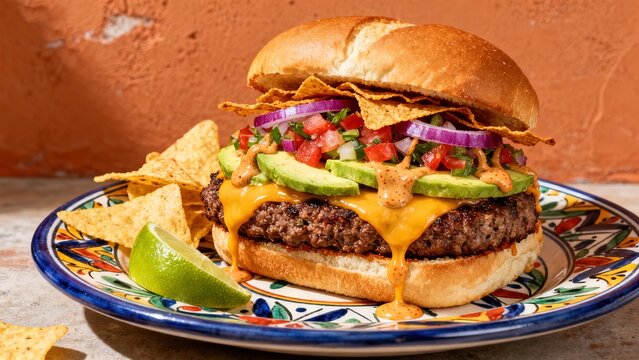 Mexican style burger with pico de gallo salsa and Oaxaca cheese