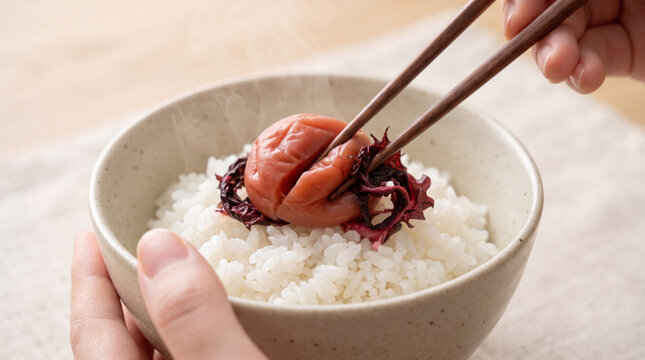 白ご飯に乗せた大きな梅干しを箸でほぐす手元と湯気立つ和食の朝食イメージ