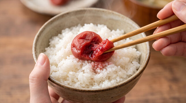 白米に乗せた大きな梅干しを箸でほぐす手元 和食の伝統的な朝食イメージ