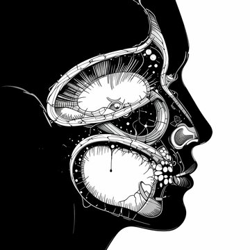Black and white cross section illustration of human head and sinus cavity
