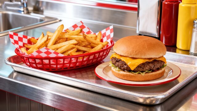 Cheeseburger with golden french fries combo meal in red basket