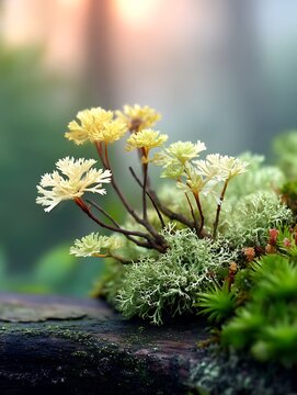 Close-up of various green moss and yellow and cream colored flowering plants growing on a tree trunk in a lush forest setting