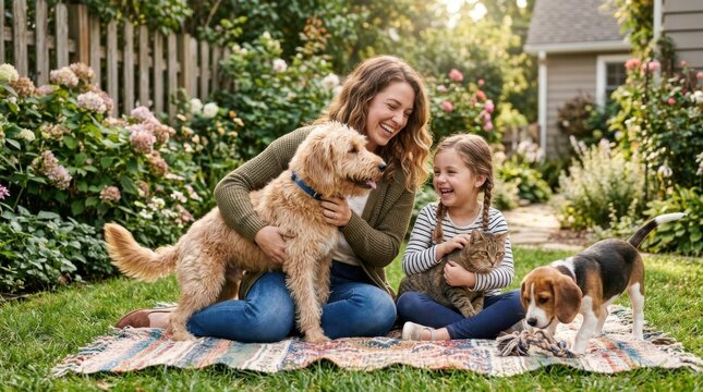 Woman and young girl playing with dogs in a colorful garden during daytime