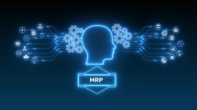 Material Requirements Planning Interface with Digital Manufacturing Profile, Connected Supply Icons and Dark Technology Network Background