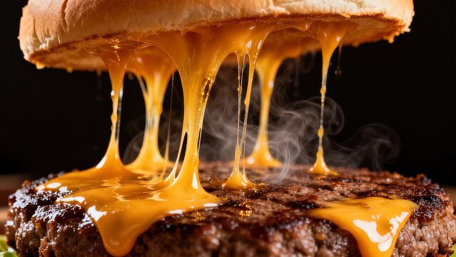 Extreme close-up of melting cheese stretching from hot burger patty
