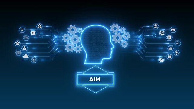 Artificial Intelligence Model Interface with Digital Human Profile, Connected Learning Icons and Futuristic Dark Technology Background