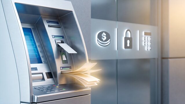 ATM cash withdrawal security system, automated teller machine dispensing currency with coin, lock and keypad icons for digital banking, transaction and financial security management