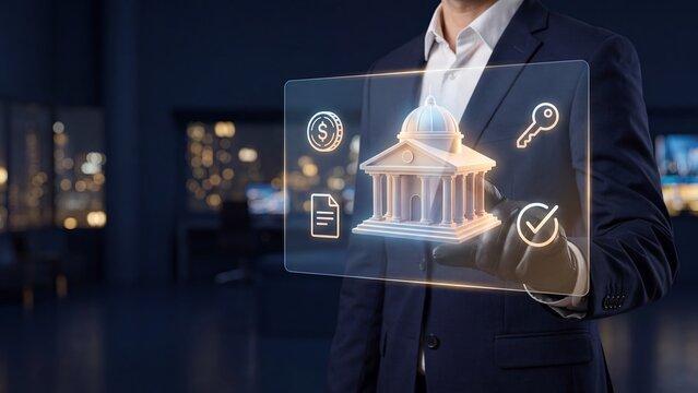 Digital banking institution platform, banker holding holographic building with coin, document, key and approval icons for financial services, account management and compliance management